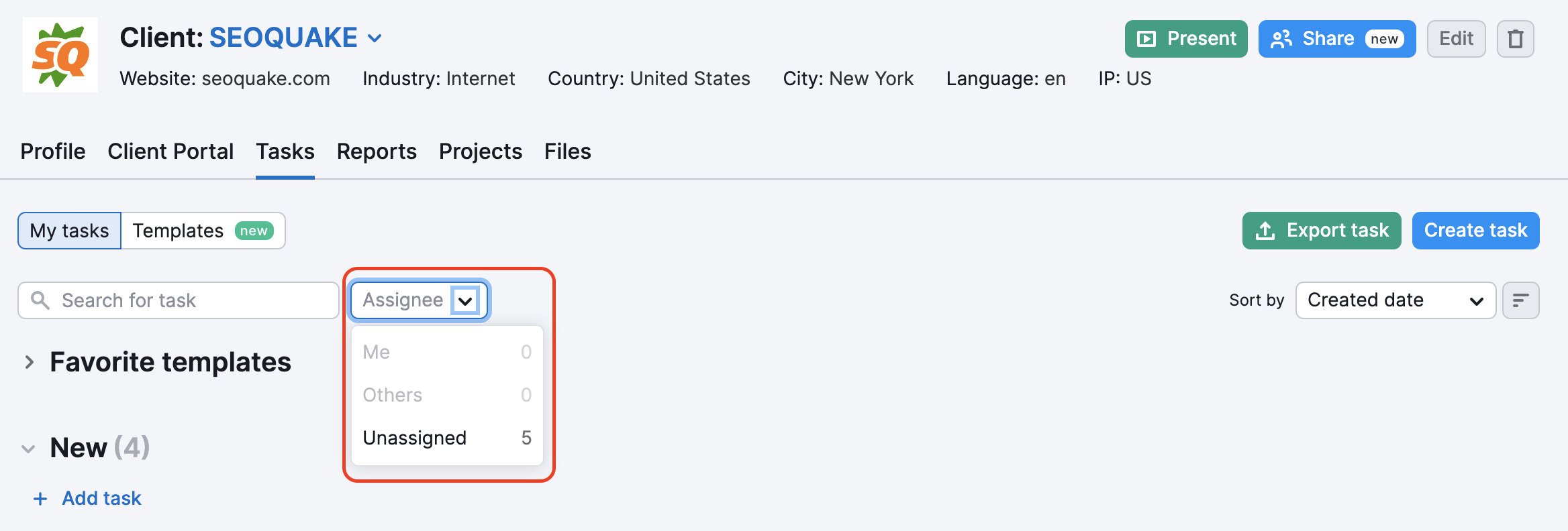 An example of the Tasks tab in CRM with a red rectangle highlighting the Assignee dropdown menu at the top of the report.